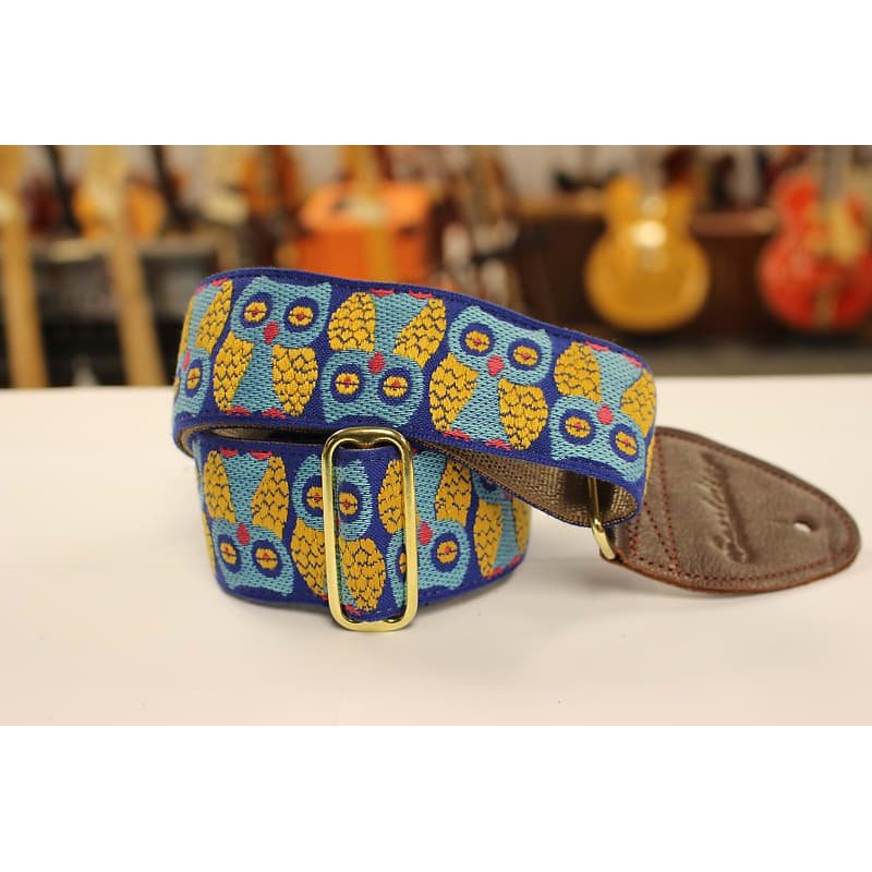 Souldier Guitar Strap Owls Blue/Gold w/ brown leather ends *Free Shipping in the USA