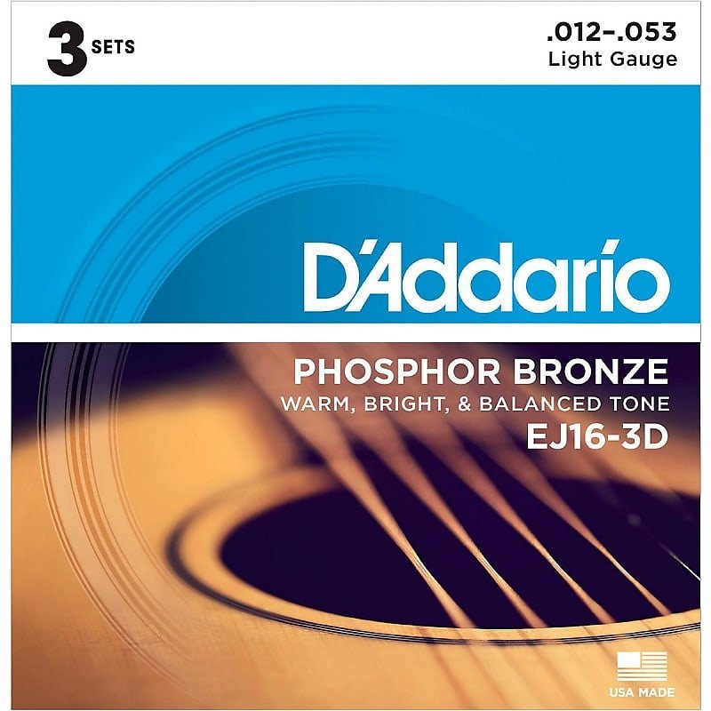 D’Addario EJ16-3D Phosphor Bronze Acoustic Guitar Strings 3-Pack, Light Gauge