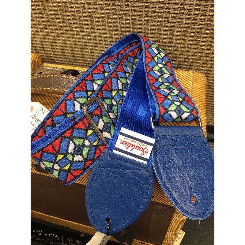 Souldier Guitar Strap Stained Glass Royal Red/Blue with Blue Leather Ends *Free Shipping in the USA*