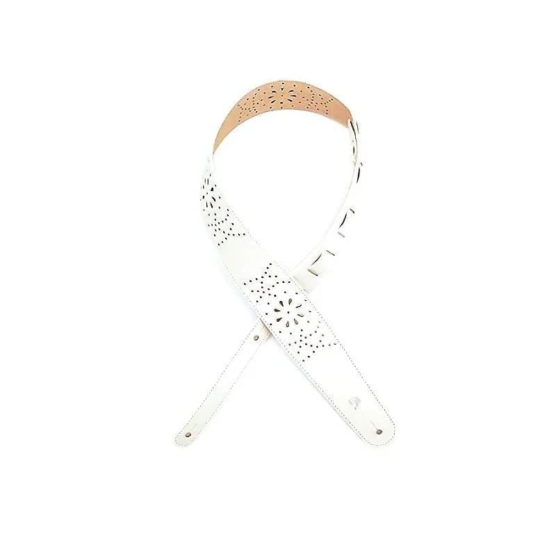 D’Addario 2.5 White Leather Guitar Strap Perforated Flowers L25W1502