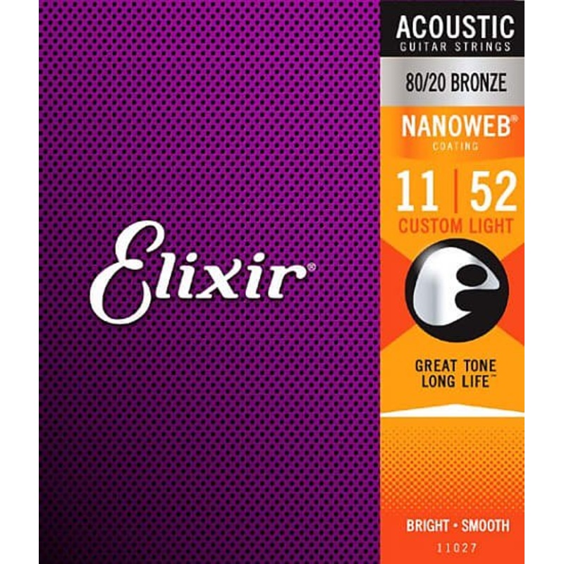 Elixir 11027 Nanoweb 80/20 Bronze Acoustic Guitar Strings – Custom Light (11-52)
