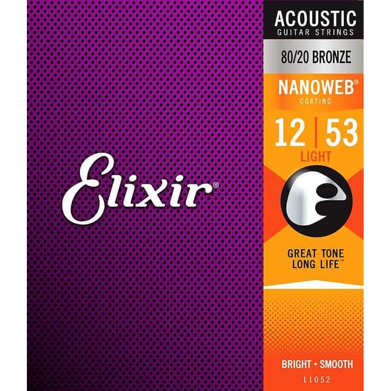 Elixir 11052 80/20 Bronze Light Acoustic Guitar Strings with Nanoweb Coating 12-53