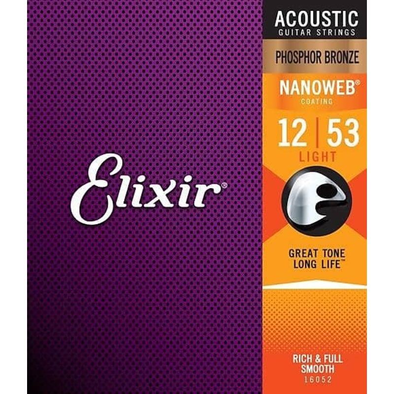 Elixir 16052 Nanoweb Phosphor Bronze Acoustic Guitar Strings – Light (12-53)