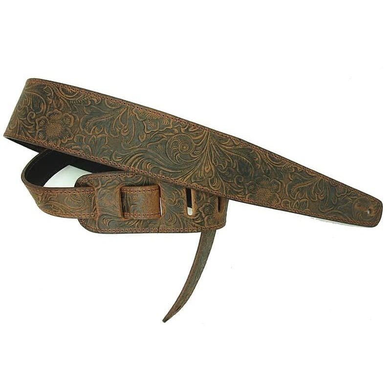 LM Products Guitar Strap Tooled Leather Guitar Strap Brown Western Pattern LS-2304T *Free Shipping in the USA*