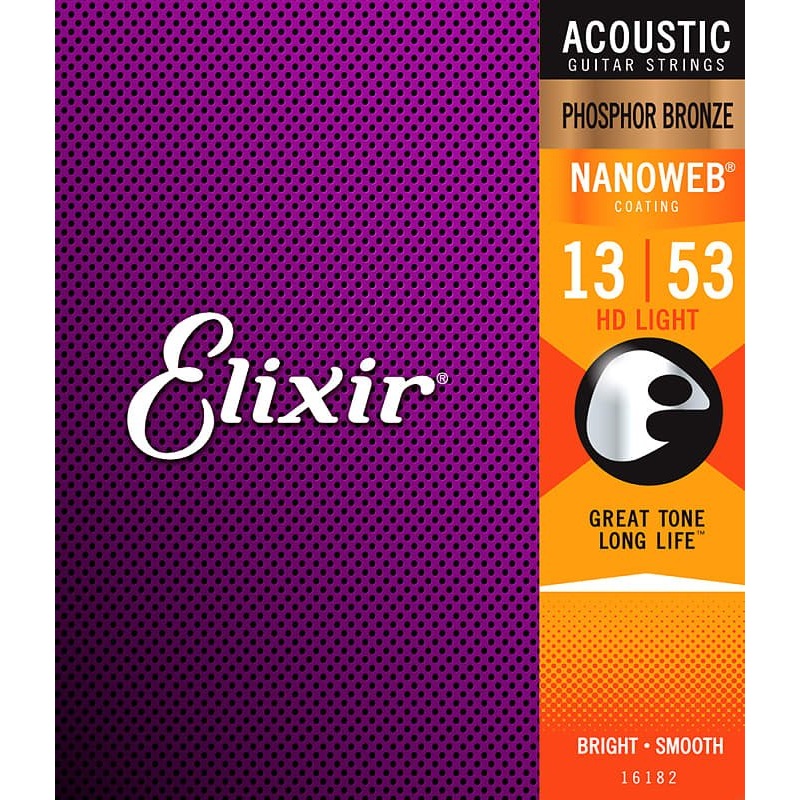 Elixir 16182 Nanoweb Phosphor Bronze Acoustic Guitar Strings – HD Light (13-53)
