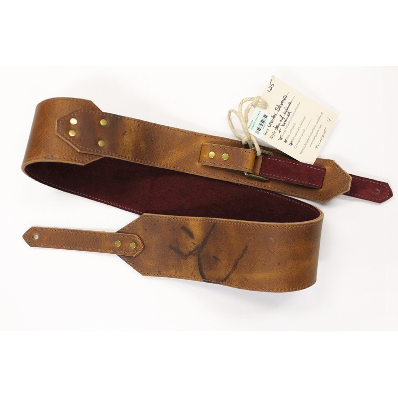 Awlgoods Handcrafted Leather Guitar Strap Tan/Wine with Brand