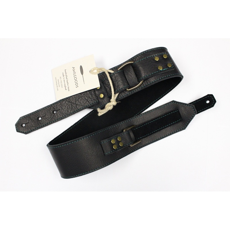 Awlgoods Hand Crafted Leather Guitar Strap Black with Green Stitching 2.5