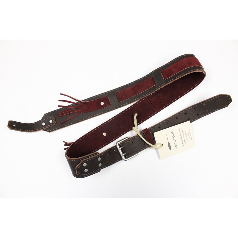 Awlgoods Hand Crafted Leather Guitar Strap Brown with Wine Stitching & Wine Tassel