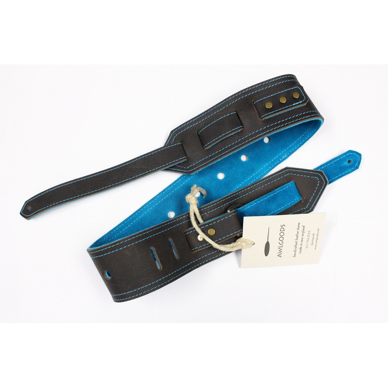 Awlgoods Hand Crafted Leather Guitar Strap Dark Brown with Turquoise Stitching