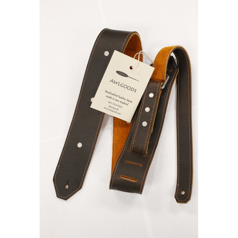 Awlgoods Hand Crafted Leather Guitar Strap Brown with Caramel Stitching