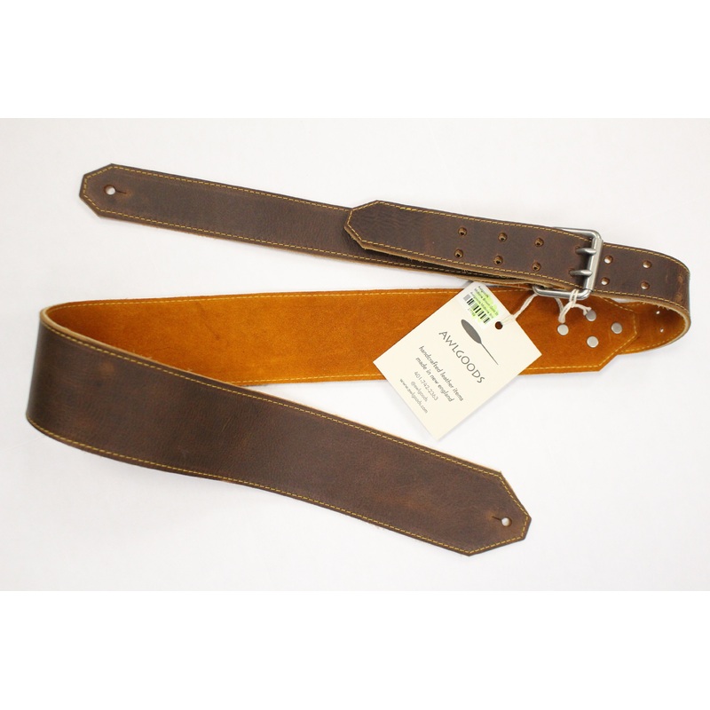 Awlgoods Hand Crafted Leather Guitar Strap Midtone Brown with Gold Stitching